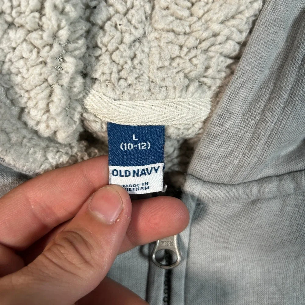 Old Navy Full Zip Hoodie Boys L 10-12 Gray Good Sherpa Lined Logo Sweatshirt
